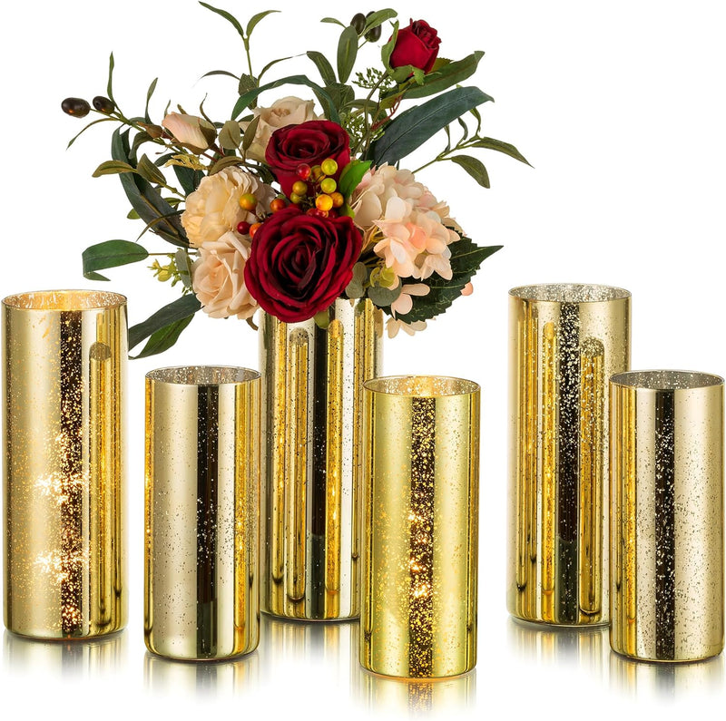 Glasseam Mercury Gold Candle Holders, Set of 6 Glass Hurricane Candle Holder, Glitter Pillar Candle Holder for Table, Modern Cylinder Vases for Centerpieces Wedding Dining Christmas Decorations