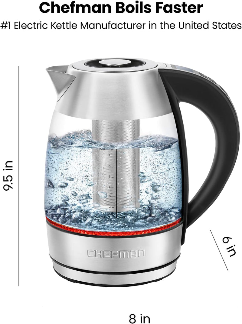 Chefman 1.8L Digital Electric Glass Kettle+ w/ Rapid-Boiling & 7 Presets for Precise Temperature, Stainless Steel Tea Infuser Included, Advanced Digital Control