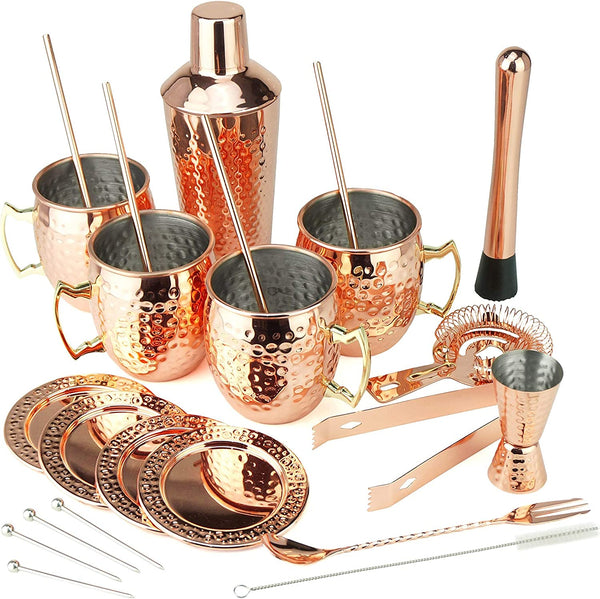PG [Gift Set] Ultimate Moscow Mule SS Copper Plated Set 25PC | 3pc Cocktail Shaker, 4x Mugs, 4x Straws, 4x Cocktail Picks, Straw Cleaner, 4x Coaster, Strainer, Tongs, Muddler, Jigger, Stirrer
