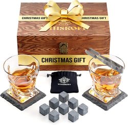 Whiskey Glass Set of 2 - Bourbon Stones Gift For Men Includes Crystal Whisky Rocks Glasses , Chilling Stones , Slate Coasters Scotch Glasses in Wooden Box Wisky Burbon Retirement Gifts