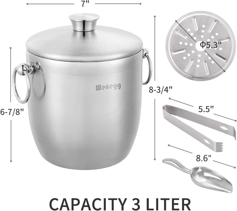 Ice Bucket with Lid, Scoop, Tongs and Strainer - Well Made Insulated Stainless Steel Keep Ice Frozen Longer - Ideal for Cocktail Bar, Parties, Chilling Wine, Champagne - 3 Liter (Stainless Steel)