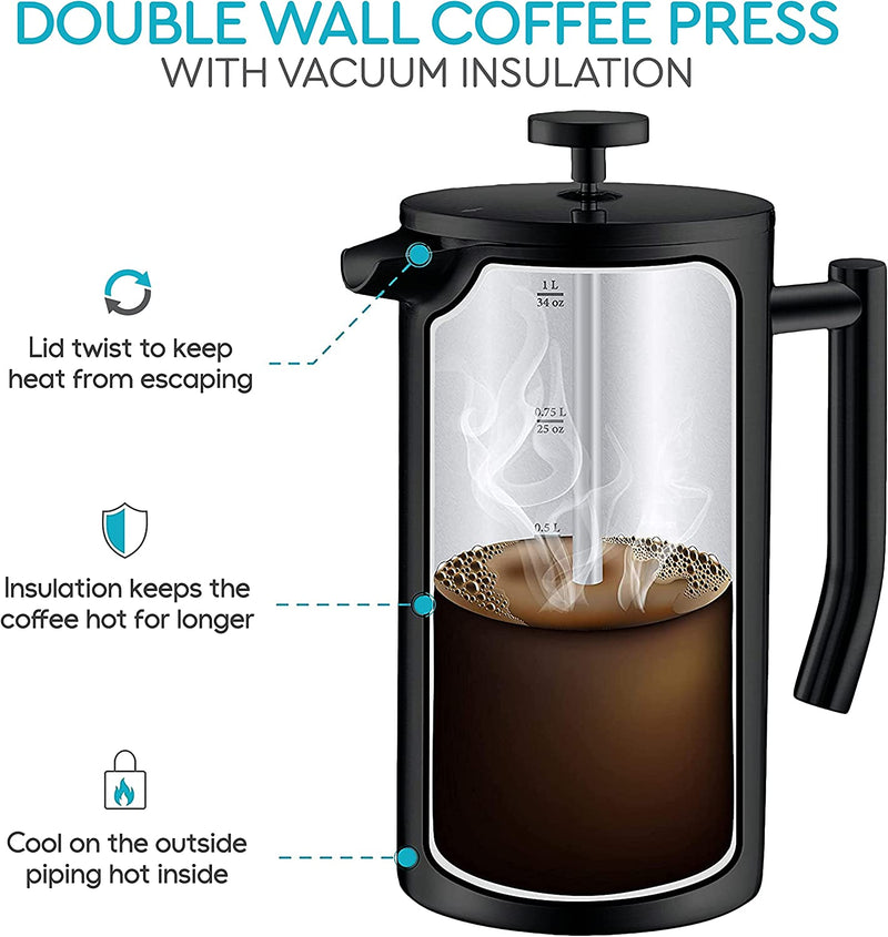 French Press Coffee Maker 50 Oz – Insulated Coffee Press Stainless Steel 304 Large – Double Wall & 4 Level Filtration System (1.5 Liter) – Black