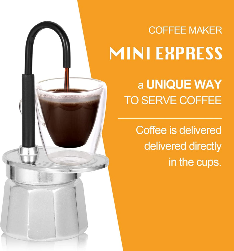 MVPLUE-Mini Express Swiss Single Tube Moka Pot Aluminum Silver，Moka Set includes One Double Wall 3oz Cup,Enjoy delicious coffee in no time