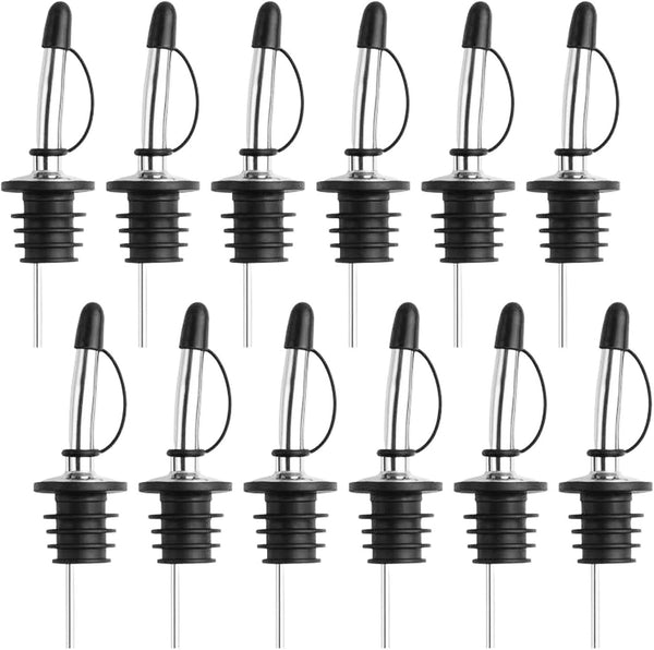 12-Pack Premium Stainless Steel Classic Tapered Spout Bottle Pourers with Rubber Dust Caps - Ideal for Standard Sized Liquor, Wine, Coffee, Syrup, Vinegar, Snow Cone and Olive Oil Bottles