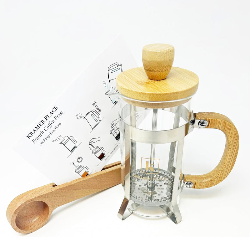 KRAMER PLACE Single Serve French Press Coffee/Tea Maker Carafe - 12 OZ, Bamboo Handle, Plastic Free Stainless Steel Filter, Eco-Friendly, Wooden TBSP Scoop/Bag Clip