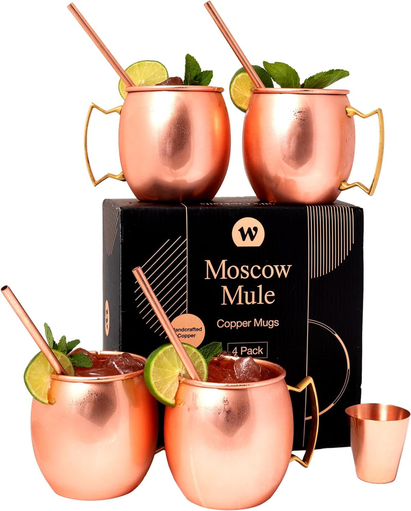 will's Moscow Mule Copper Mugs - Set of 4-100% Pure Solid Copper Mugs - 16 oz Premium Gift Set with 4 Cocktail Copper Straws, Shot Glass and Recipe Booklet