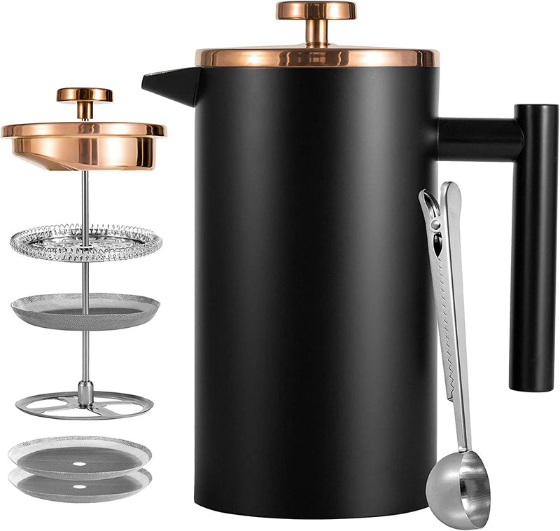 Meelio Small French Press Coffee Maker, Double-Wall Insulated French Press Coffee Press Stainless Steel, Included 2 Extra Fliters and 1 Coffee Spoon (350ML, 12 OZ)