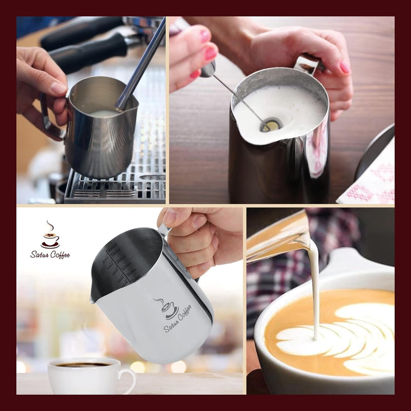 Milk Frothing Pitcher 12oz 350ml - Milk Jug 12 20 30oz - Measurements on Both Sides Inside Plus eBook - Stainless Steel Milk Frother Pitcher Espresso Cappuccino Coffee Latte Art Cup Steaming Pitcher