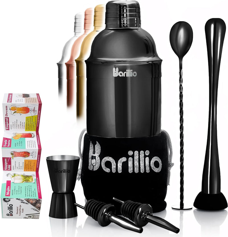 barillio Elite Cocktail Shaker Set Bartender Kit 24 oz Stainless Steel Martini Mixer, Muddler, Mixing Spoon, Jigger, 2 Liquor pourers, Velvet Bag, Recipes Booklet & eBook