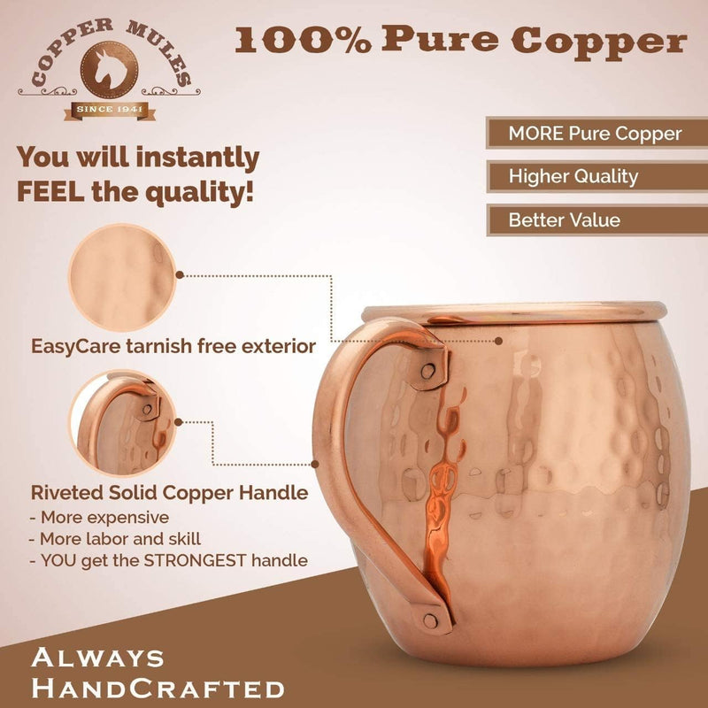 Copper Mules Moscow Mule Copper Mugs Set of 2 Hand Hammered - Classic Riveted Handles – The Finest Moscow Mule Mugs - Holds 16oz each