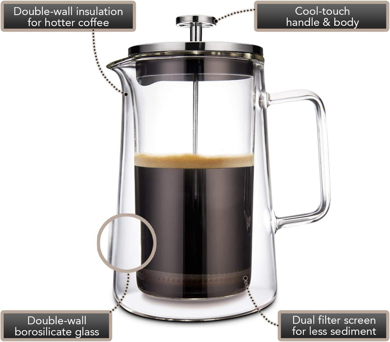 Kaffe Large French Press Coffee Maker & Camping Coffee Pot - Double-Wall Insulated Borosilicate Glass Tea & Coffee Press - Perfect Travel & Camping Cookware (6 cups / 0.8L)