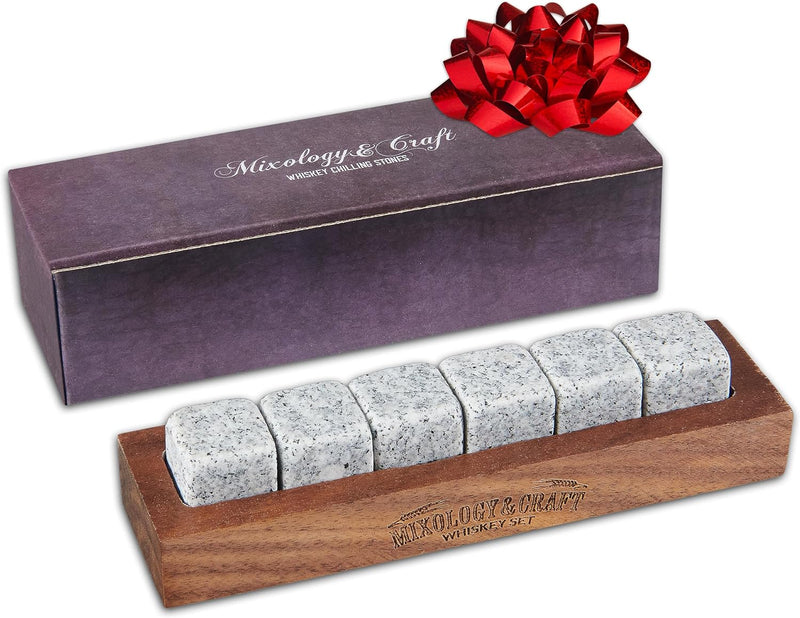 Mixology & Craft Whiskey Stones - Cube-Shaped Granite Chilling Whiskey Rocks Set of 6, Whiskey Gifts for Men and Christmas Stocking Stuffers - Dark Granite