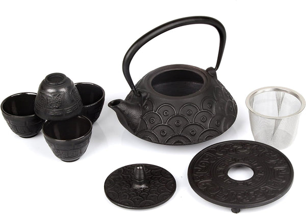 6 Piece Set Black Japanese Cast Iron Teapot(28 oz /800 ml) with 4 Tea Cups (2 oz each), Leaf Tea Infuser and Trivet.