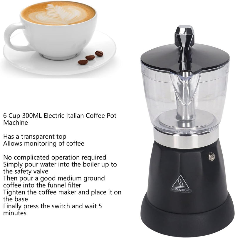 Electric Coffee Pot, 6 Cup 300ML Coffee Maker Espresso Maker Small Travel Coffee Maker with Measuring Spoon, Transparent Electric Coffee Percolator Italian Coffee Machine Maker