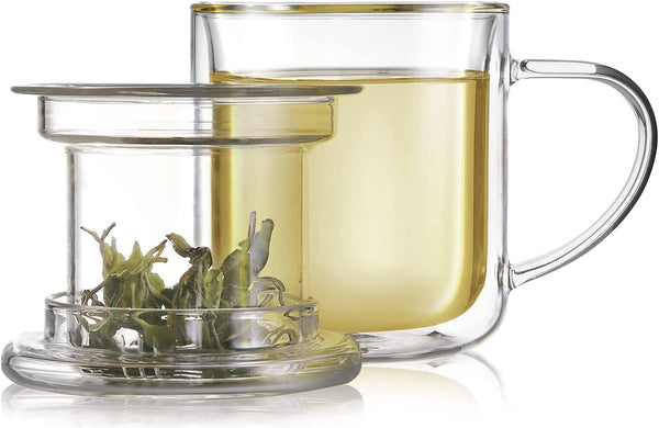 Teabloom Heatproof and Insulated Glass Tea Cup with Glass Infuser for Loose Tea - Wellbeing Infusion Mug with Dual-Purpose Lid (8 oz)