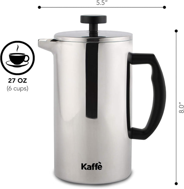 Kaffe Large French Press Coffee Maker & Camping Coffee Pot - Double-Wall Stainless Steel Tea & Coffee Press with Extra Filter - Perfect Travel & Camping Cookware (6 cups / 0.8L)