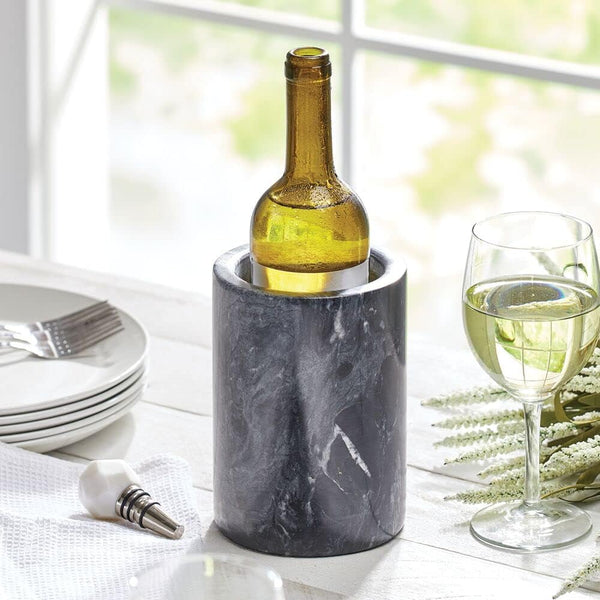mDesign Single Bottle Wine Chiller - Ice Bucket Cooler for Kitchen, Bar, Party Decor - Holds Cold Wine, Champagne, Beer, Ready-to-Drink Cocktail Utensils, Serving Tongs - Black Marble