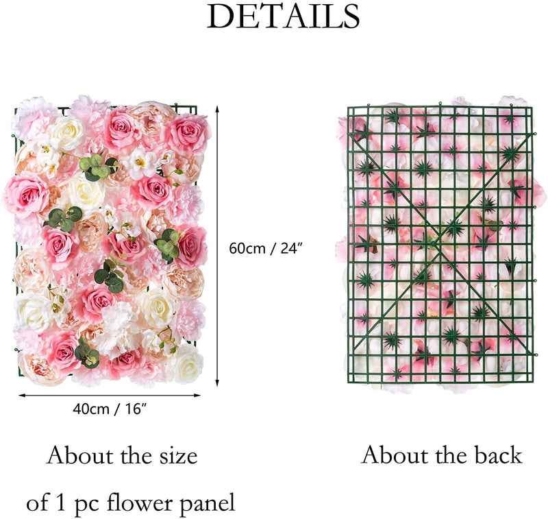 NUPTIO 6-Pc Flower Wall Panel Set - White  Pink Faux Rose Backdrop for Events and Decor