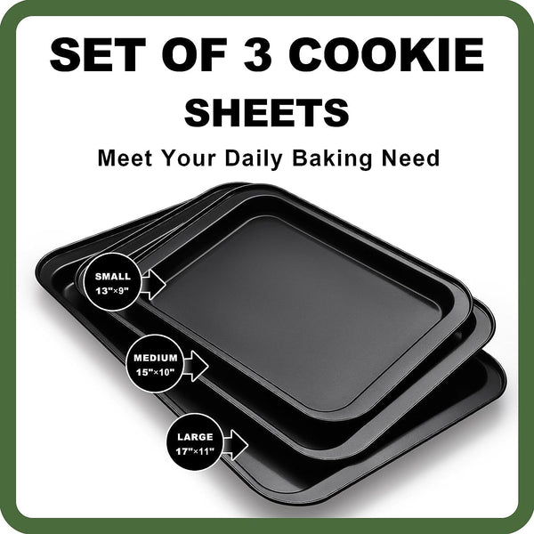 Baking Sheet Tray Set, 3 Pack Cookie Sheet Pan for Oven, Nonstick Bakeware Sets with Wider Grips, Half/Jelly Roll/Quarter Non Toxic & Easy Clean - Dark Grey