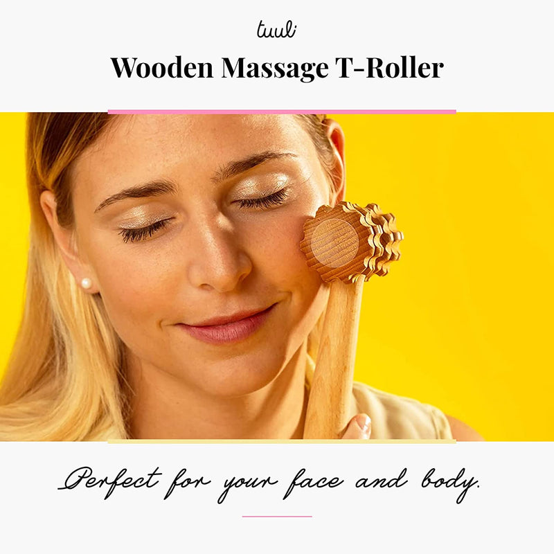 Tuuli Accessories - T-Shape Massage Roller, Body and Face Roller, Multi-Functional Facial Massager, Helps Ease Muscle Tension and Supports Skin Health, Wooden Roller Massager Tool