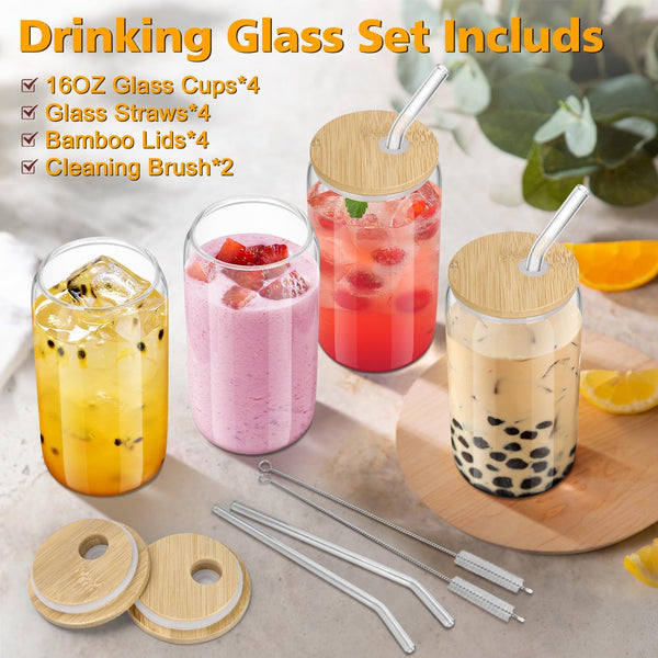 sungwoo Glass Cups with Bamboo Lids and Straws, 16OZ Ice Coffee Cup, Drinking Cup set with Wooden Lids, Home Essential Glass Tumblers for Beer, Cocktail, Tea and Latte Clear 4 Pack