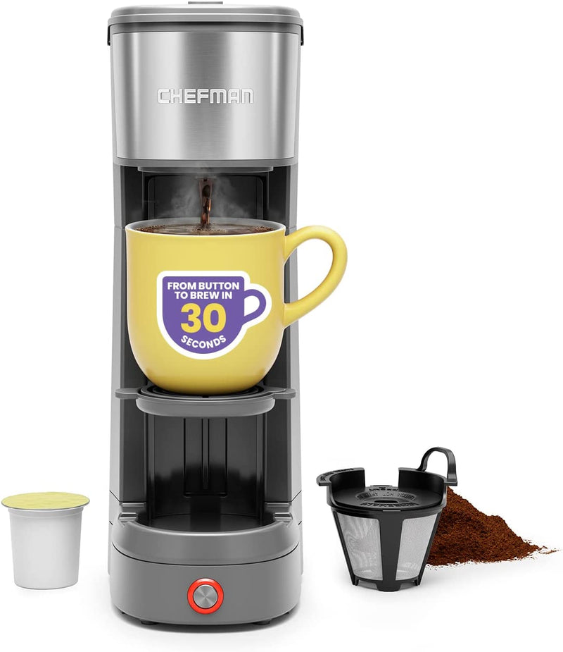 Chefman InstaCoffee Max, The Easiest Way to Brew the Boldest Single-Serve Coffee, Use Fresh And Flavorful Grounds or K-Cups With A Convenient Built-In Lift, Black/Stainless Steel