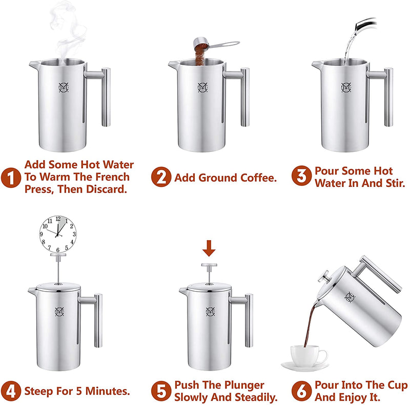 MAGICAFÉ French Press Coffee Maker – Single Serve 1 Cup Small Stainless Steel Thermal Double Walled French Press 350ML/12OZ