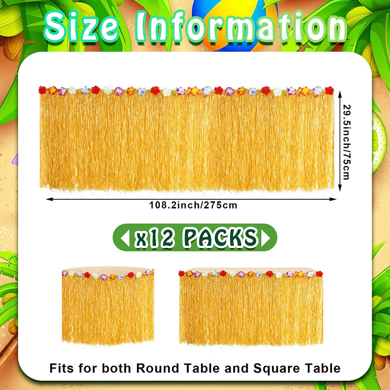 Luau Grass Table Skirt 9 Ft x 30 Inch Grass Skirt Yellow Hawaiian Table Skirt Faux Hibiscus Flowers Hula Skirts Tropical Hawaiian Party Decorations for Luau Party, Events Birthday Party(8 Packs)