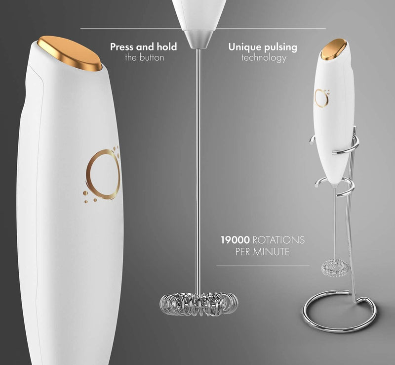 Milk Frother White - Coffee Frother Handheld with Electric Whisk - 19000 rpm - Book Recipes and Stainless Steel Stand Included - Hand Mixer Electric (White and Gold)