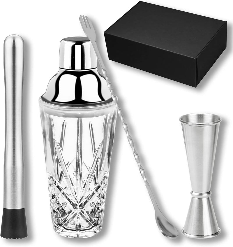 Gbuxska Glass Cocktail Shaker Kit, 14.5 Ounce Martini Mocktail Making Set with Leakproof Metallic Steel Lid & Strainer for Home Use & Bar Cart Gold