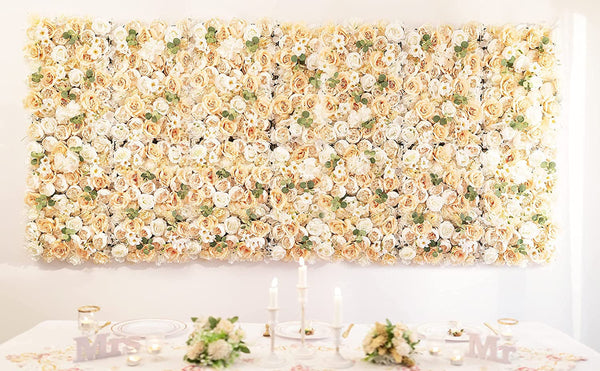 Flower Wall Panels Backdrop Dcor 6 Pc Champagne  White Floral Backdrop for Weddings  Parties - 24X16 Hanging Silk Fake Rose Decoration