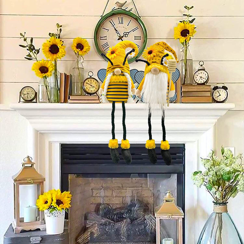 Lovinland Bumble Bee Gnomes with Dangling Leg, Spring Summer Sunflower Honey Bee Gnomes with Honey Dipper for Home Kitchen Shelf World Bee Day Decorations