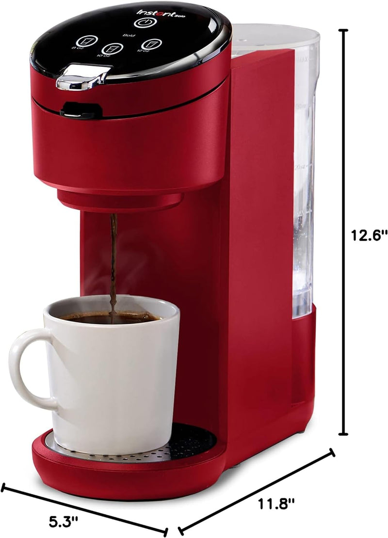 Instant Solo Single Serve Coffee Maker, From the Makers of Pot, K-Cup Pod Compatible Brewer, Includes Reusable & Bold Setting, Brew 8 to 12oz., 40oz. Water Reservoir, Red