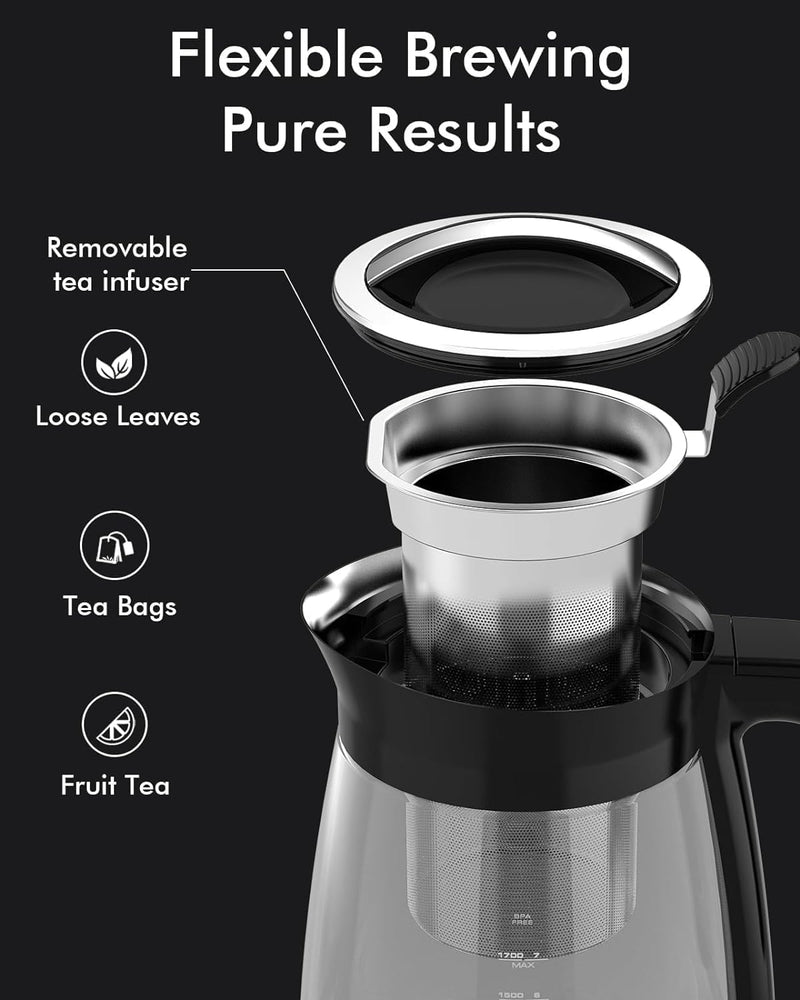 Electric Glass Tea Kettle with Infuser, 1.7L Fast Boiling, Stainless Steel, Temperature Control Tea Maker, BPA Free - Easy Lid Removal & Keep Warm Feature, Black