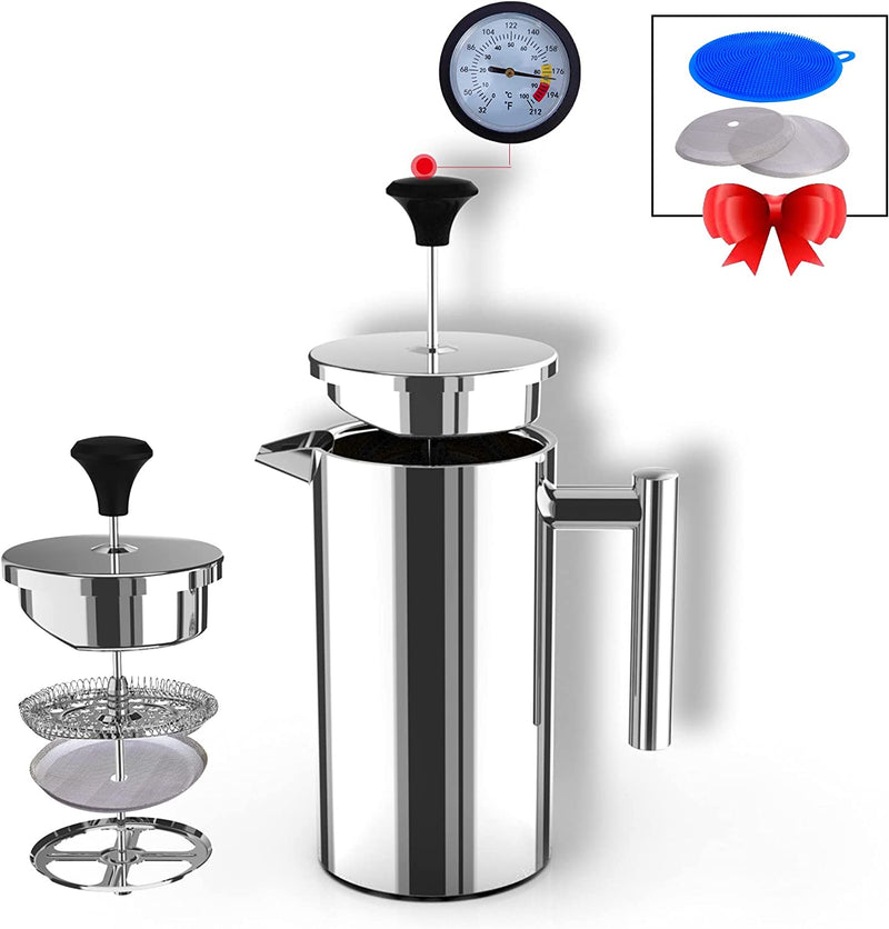 BAERFO French Press Coffee Maker, 304 Grade Stainless Steel Insulated Coffee Press with 2 Extra Screens with 1 Thermometer, 34oz (1 Litre), Silver