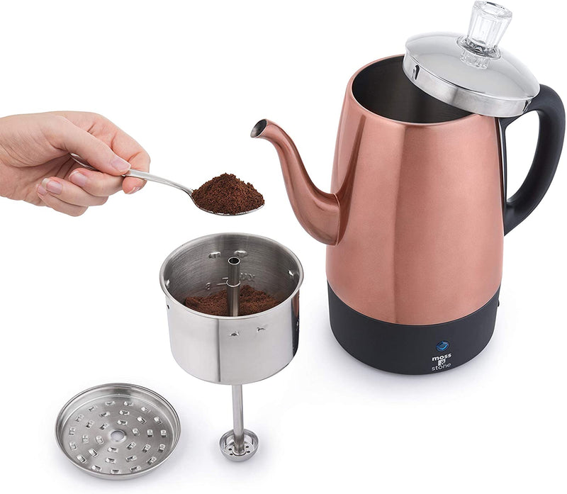 Moss & Stone Electric Coffee Percolator Copper Body with Stainless Steel Lids Coffee Maker | Percolator Electric Pot - 10 Cups, Copper Camping Coffee Pot.