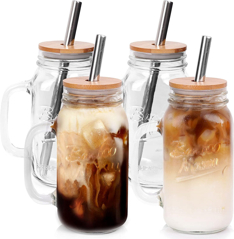 ANOTION Mason Jar with Lid and Straw, 24oz Regular Mouth Mason Jars with Handle Drinking Glasses Tumbler Reusable Boba Cups Smoothie Water Bottles for Iced Coffee (Classic 2 cups Style)