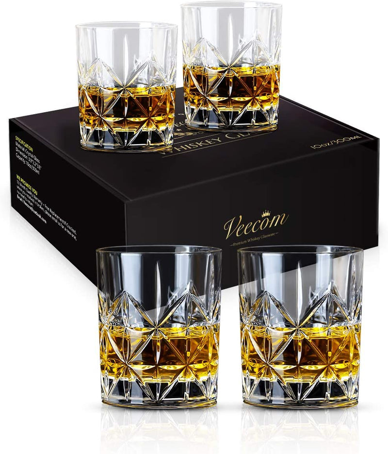 veecom Whiskey Glass Set of 2, 10 oz Crystal Whiskey Glasses Thick Bottom Bourbon Glasses Old Fashioned Rocks Glass Tumbler for Scotch, Cocktail, Liquor, Home Bar Whiskey Gifts for Men (Glass Set 2)