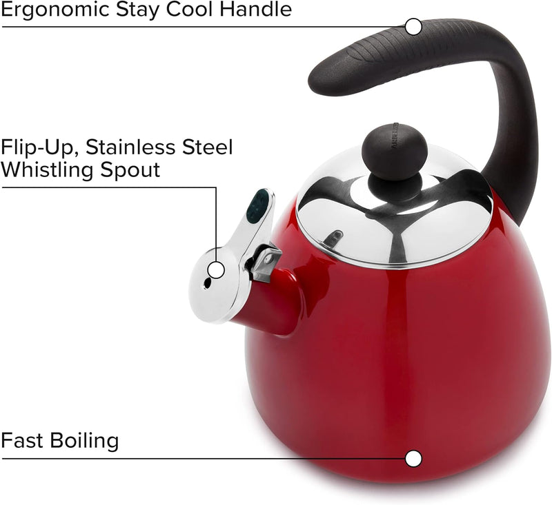 Farberware Bella Water Kettle, Whistling Tea Pot, Works For All Stovetops, Porcelain Enamel on Carbon Steel, BPA-Free, Rust-Proof, Stay Cool Handle, 2.5qt (10 Cups) Capacity (Garnet)