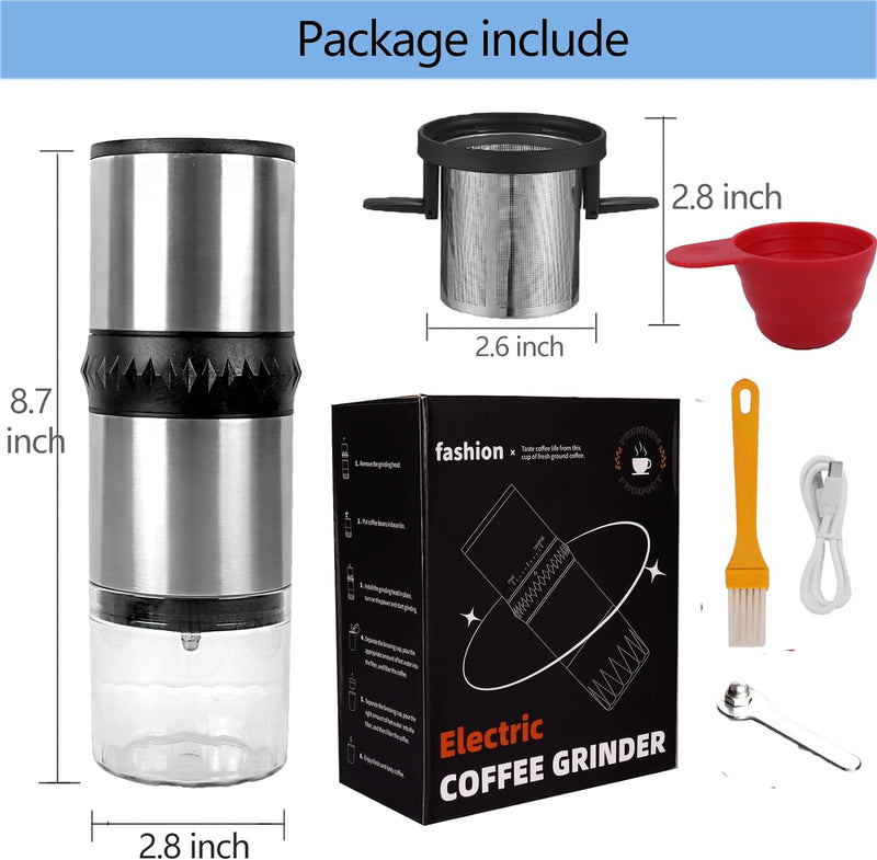 Electric Burr Coffee Grinder Portable Rechargeable Coffee Maker Stainless Steel Coffee Bean Grinder Machine for Beans with 15 gind Settings (Black9109)