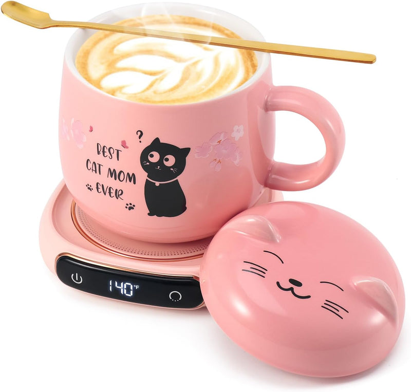 Bsigo Smart Coffee Mug Warmer & Cute Cat Mug Set, Beverage Cup Warmer for Desk Home Office, Candle Warmer Plate for Milk Tea Water with Two Temperature Setting(Up to 140℉/ 60℃), 8 Hour Auto Shut Off