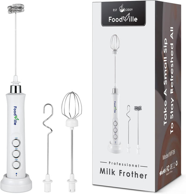 FoodVille MF09 3 in 1 Rechargeable Milk Frother Handheld Foam Maker with Charging Stand & 3 Stainless Steel Whisks