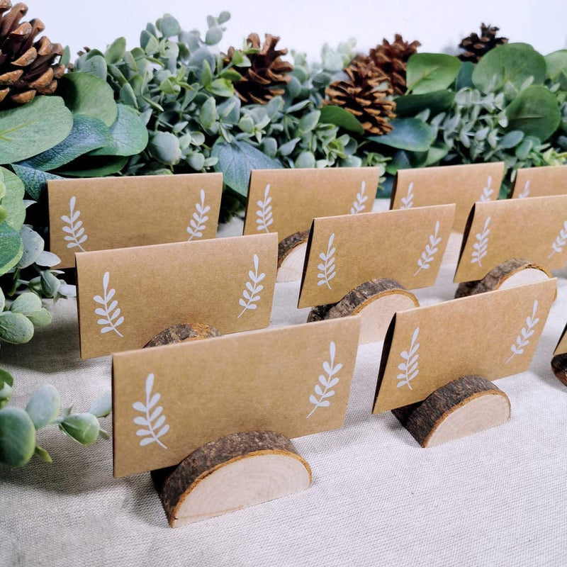 30 Pcs Rustic Wood Wedding Place Card Holders with 32 Pcs Kraft Tented Cards Half-Round Table Numbers Holder Stand Wooden Memo Holder Card Photo Picture Note Clip Holders Escort Card Holder