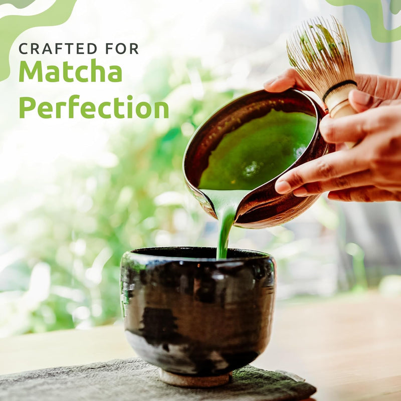 Bamboo Matcha Whisk with Bamboo Spoon and Hooked Bamboo Scoop (Chashaku) Set by MATCHA DNA - Traditional Matcha Whisk Made from Durable and Sustainable Golden Bamboo for Matcha Tea Preparation