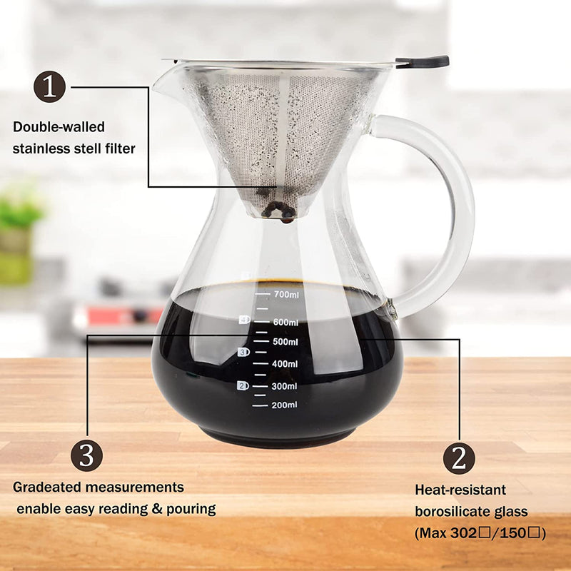 T-mark Pour Over Coffee Maker with Reusable Double-layer Stainless Steel Filter, 800ml/27oz BPA-Free Glass Coffee Carafe, Glass Coffee Maker, Coffee Dripper Brewer