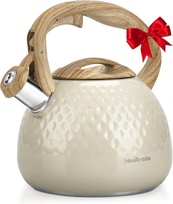 Tea Kettle, Stovetop Teapot, 2.7 Quart, Loud Whistle, Food Grade Stainless Steel and Smooth Wood Pattern Handle, Sophisticated Look for Hiking, Picnic, for Tea, Coffee,(Milky White)