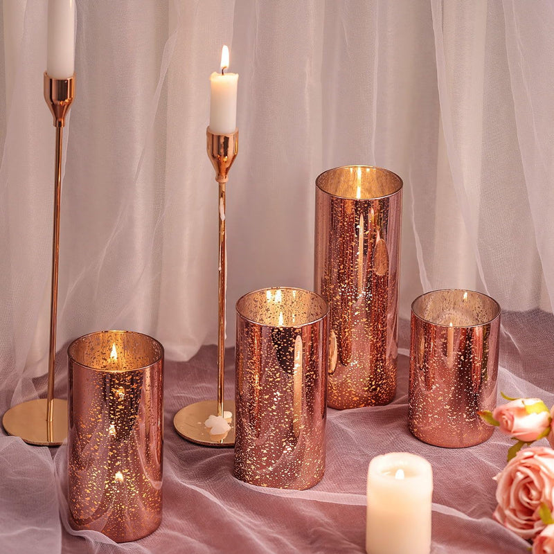 DEVI 3pcs Rose Gold Mercury Glass Candle Holders for Wedding Decor (D:3''), Hurricane Candle Holder for Bridal Shower, Cylinder Glass Vases for Centerpieces, Fall Decor, Christmas Home Table Decor,