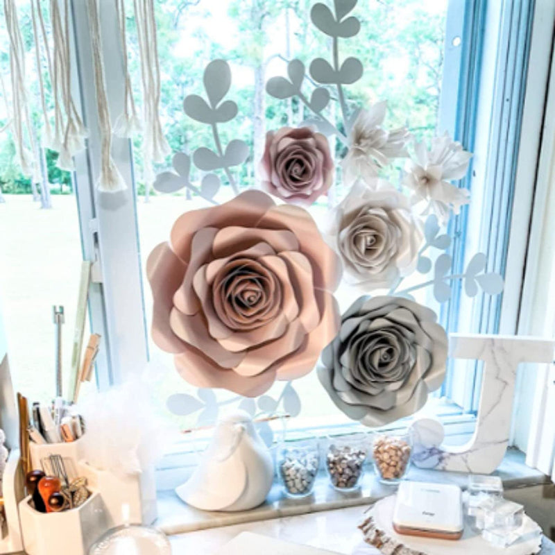 10-Pc Paper Flower Wall Decor Set for Wedding Shower Nursery Decor - Pink Gray Off-White