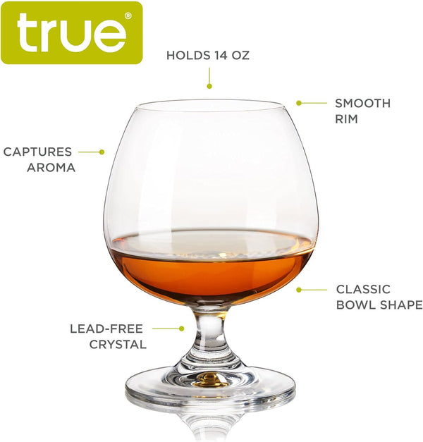 True Snifter Glasses Brandy Bowls, Cognac Balloon Glass for Bourbon, Whiskey, Whisky, Scotch, Stemmed cocktail glass set, 14 Ounce, Crystal, Set Of 4