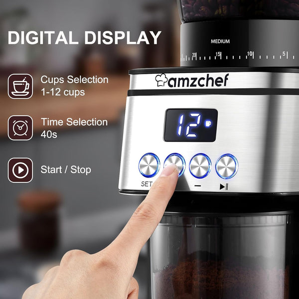 Burr Coffee Grinder, AMZCHEF Electric Coffee Bean Grinder with 30 Precise Settings, Anti-Static Espresso Coffee Grinder, Adjustable Burr Grinder for 1-14 Cups or 1-56 Seconds